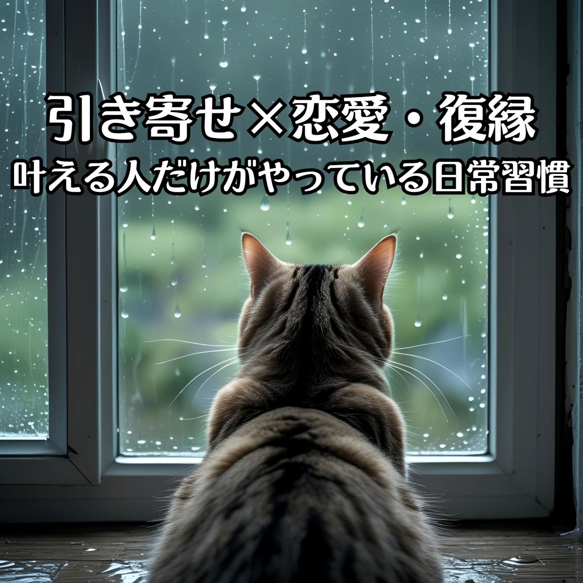 雨が降る様子を、窓際で猫がみている、猫の後ろ姿